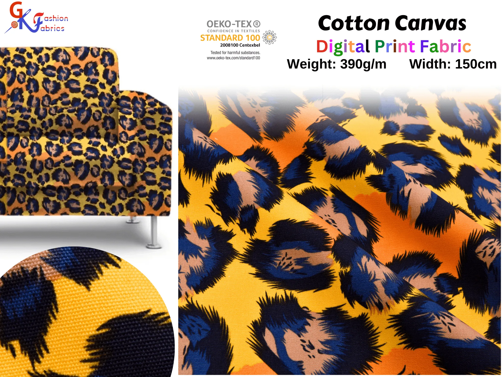 100% Cotton Half Panama Printed Fabric / Canvas printed Fabric / Yellow Leopard Digital Print  Fabric
