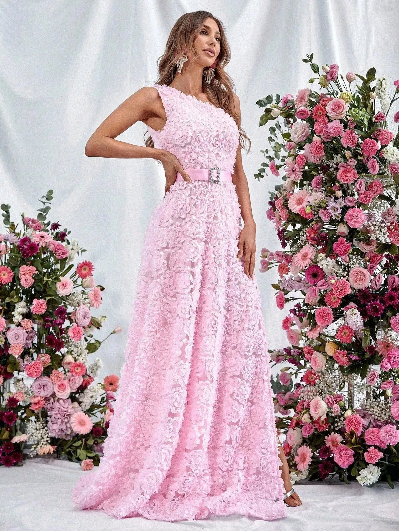 3D Flower One Shoulder Sleeveless A-Line Dress
