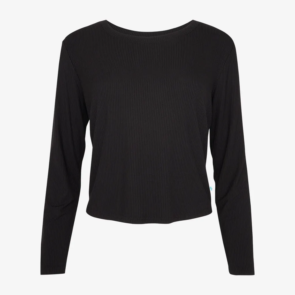 Black Ribbed Women's Long Sleeve Scoop Loungewear