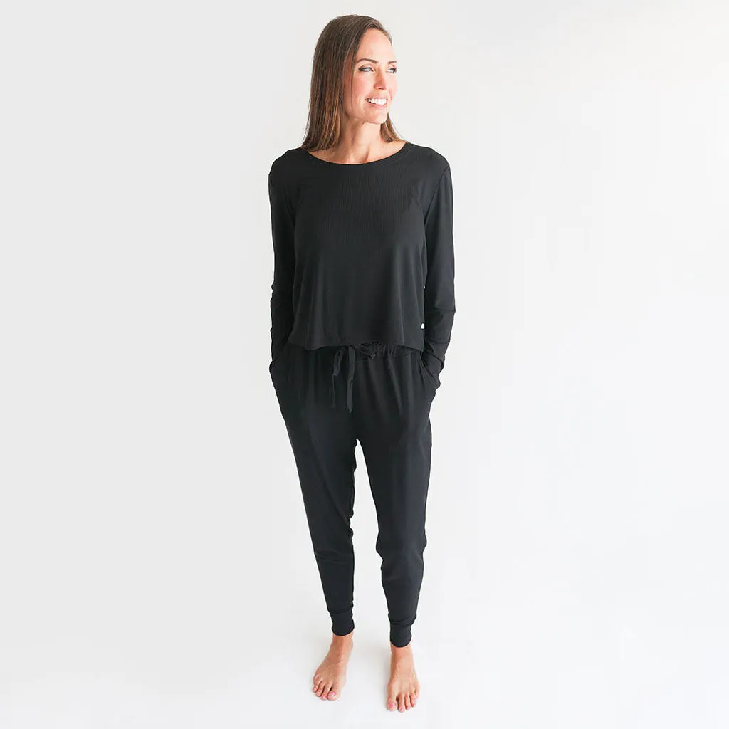 Black Ribbed Women's Long Sleeve Scoop Loungewear