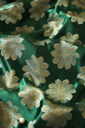 Bottle Green Floral Butta Silk Satin Jute Banarasi Jacquard Fabric