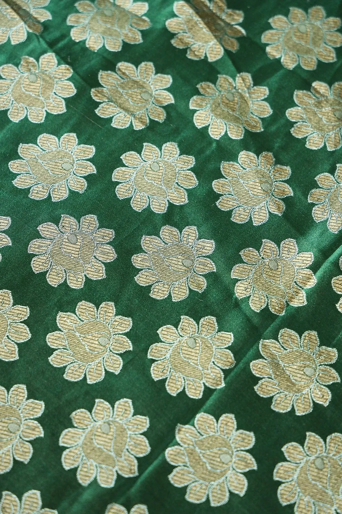 Bottle Green Floral Butta Silk Satin Jute Banarasi Jacquard Fabric