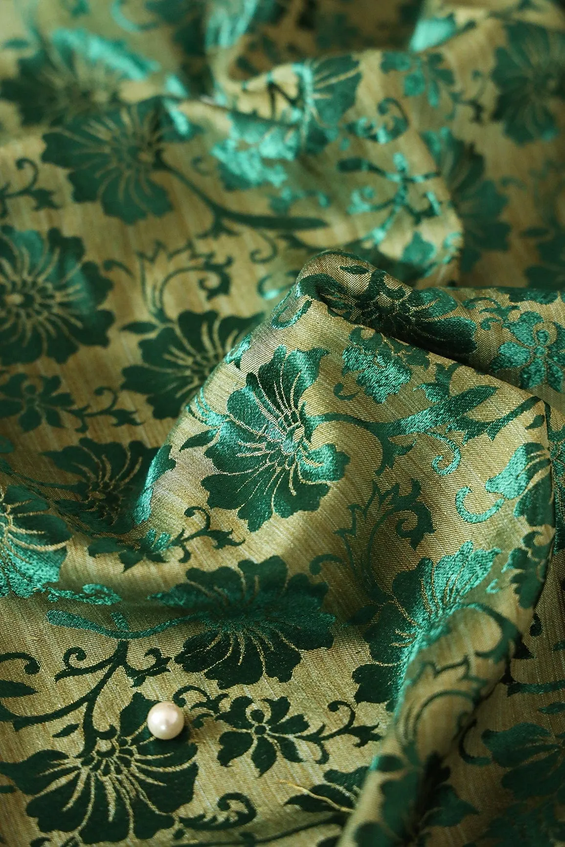 Bottle Green Floral Silk Satin Jute Banarasi Jacquard Fabric