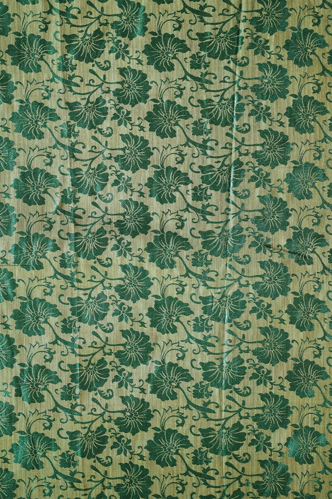 Bottle Green Floral Silk Satin Jute Banarasi Jacquard Fabric