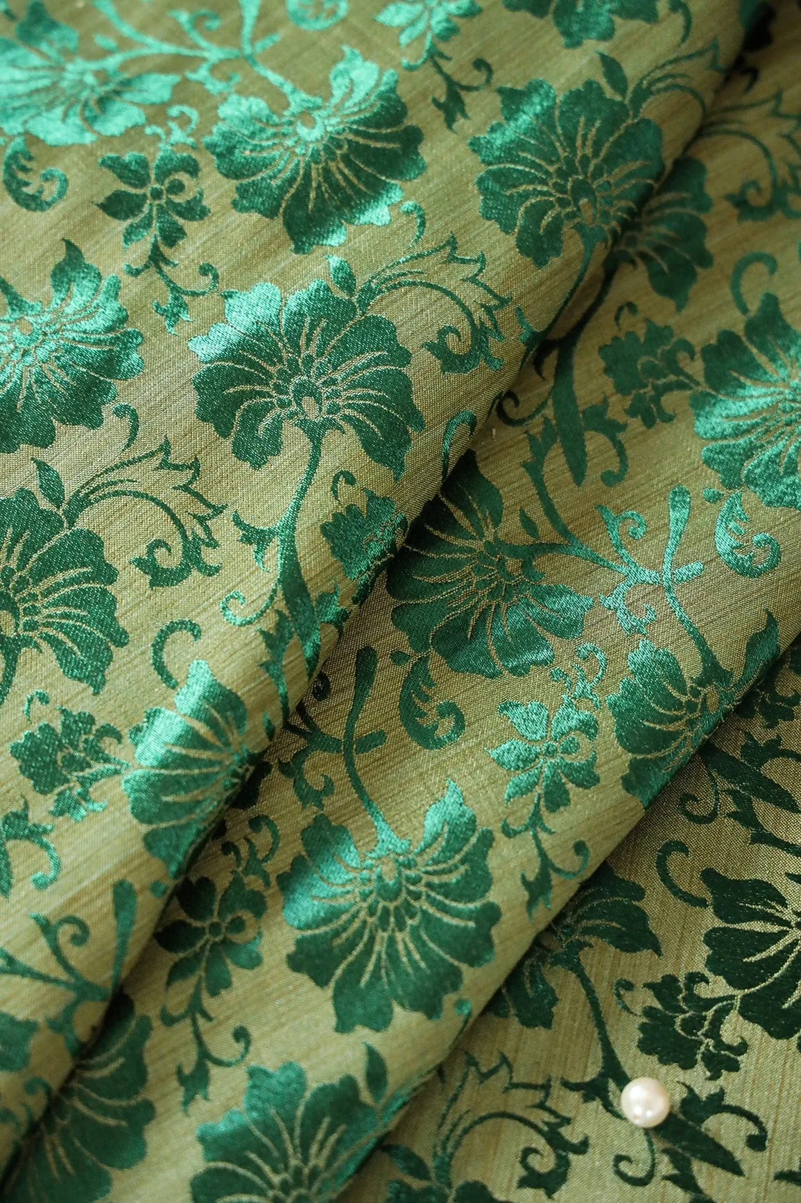 Bottle Green Floral Silk Satin Jute Banarasi Jacquard Fabric