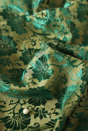 Bottle Green Floral Silk Satin Jute Banarasi Jacquard Fabric