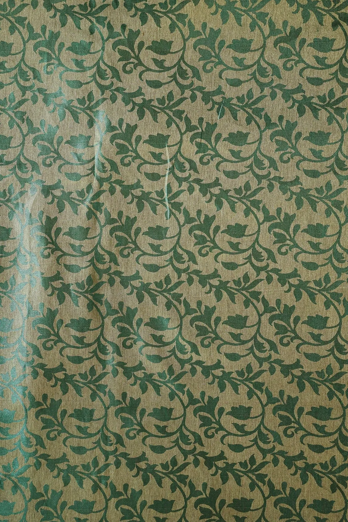 Bottle Green Leafy Silk Satin Jute Banarasi Jacquard Fabric