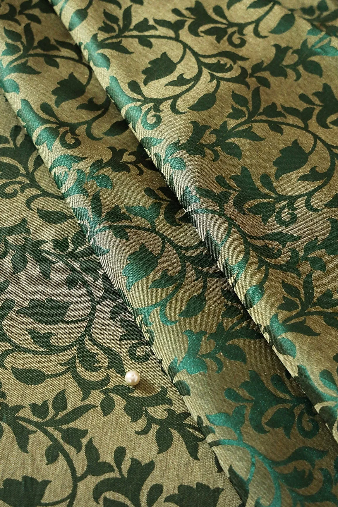 Bottle Green Leafy Silk Satin Jute Banarasi Jacquard Fabric