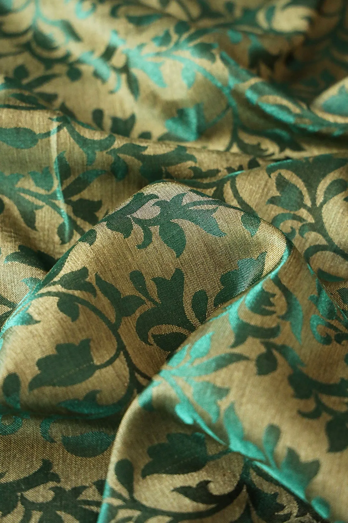 Bottle Green Leafy Silk Satin Jute Banarasi Jacquard Fabric