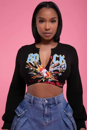 Captivate Graphic Print Tie Up Crop Top - Black