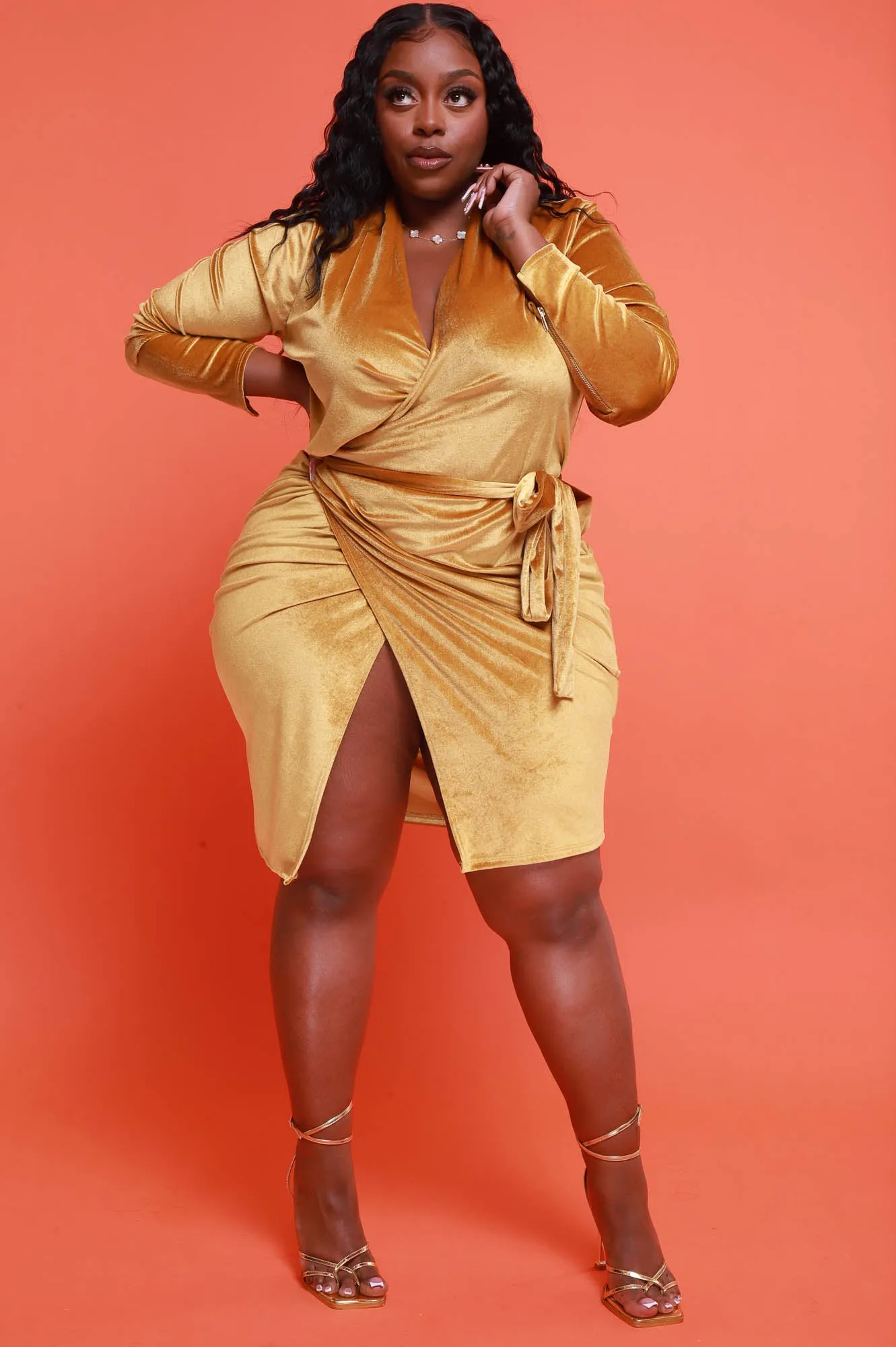 Coming Or Going Velvet Midi Wrap Dress - Mustard