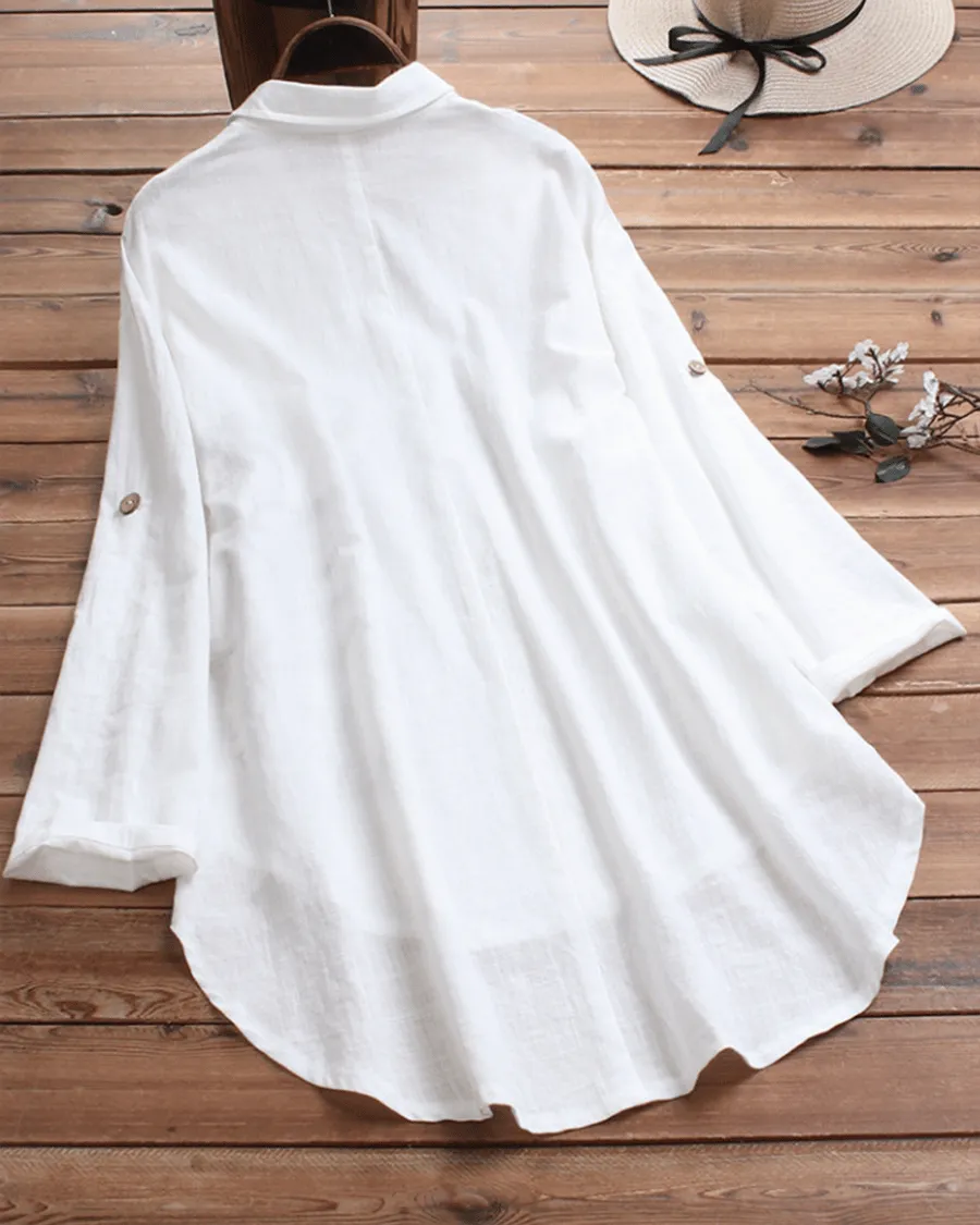 Cotton And Linen Irregular Printed Long-sleeved Lapel Shirt