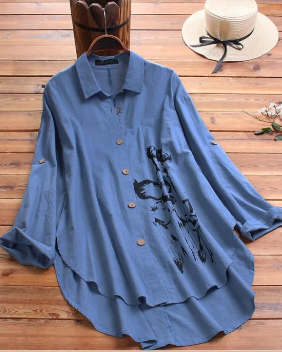 Cotton And Linen Irregular Printed Long-sleeved Lapel Shirt
