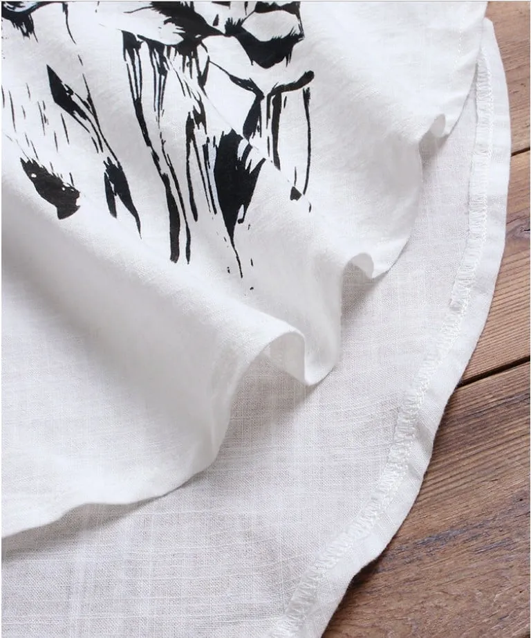 Cotton And Linen Irregular Printed Long-sleeved Lapel Shirt