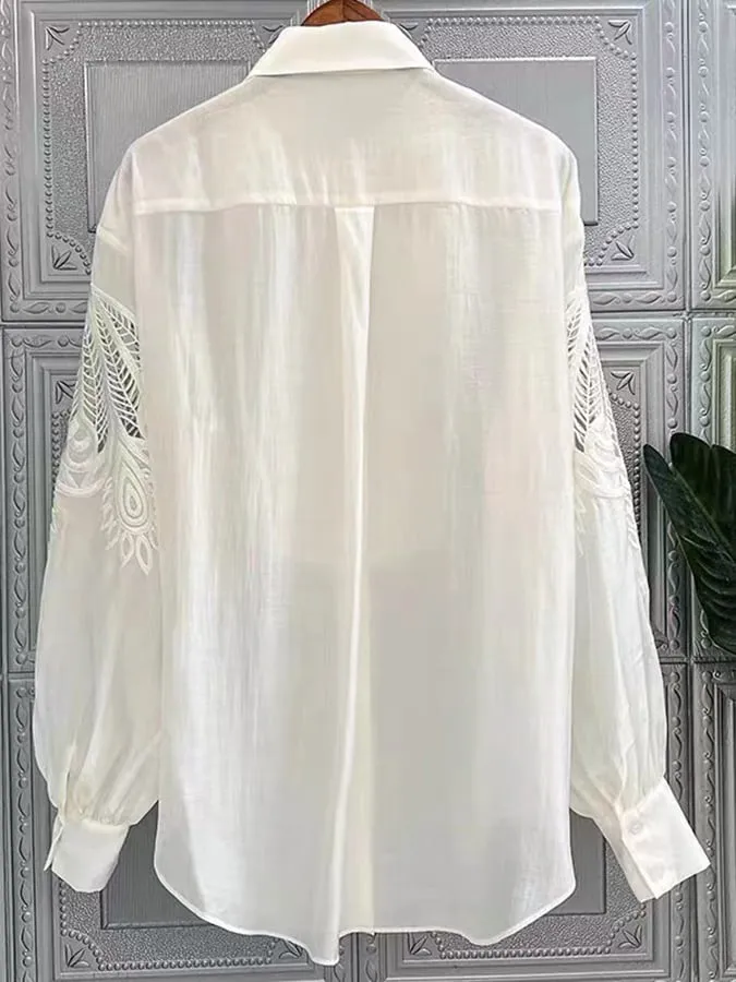 Exquisite Embroidery White Temperament Casual Long-Sleeved Shirt
