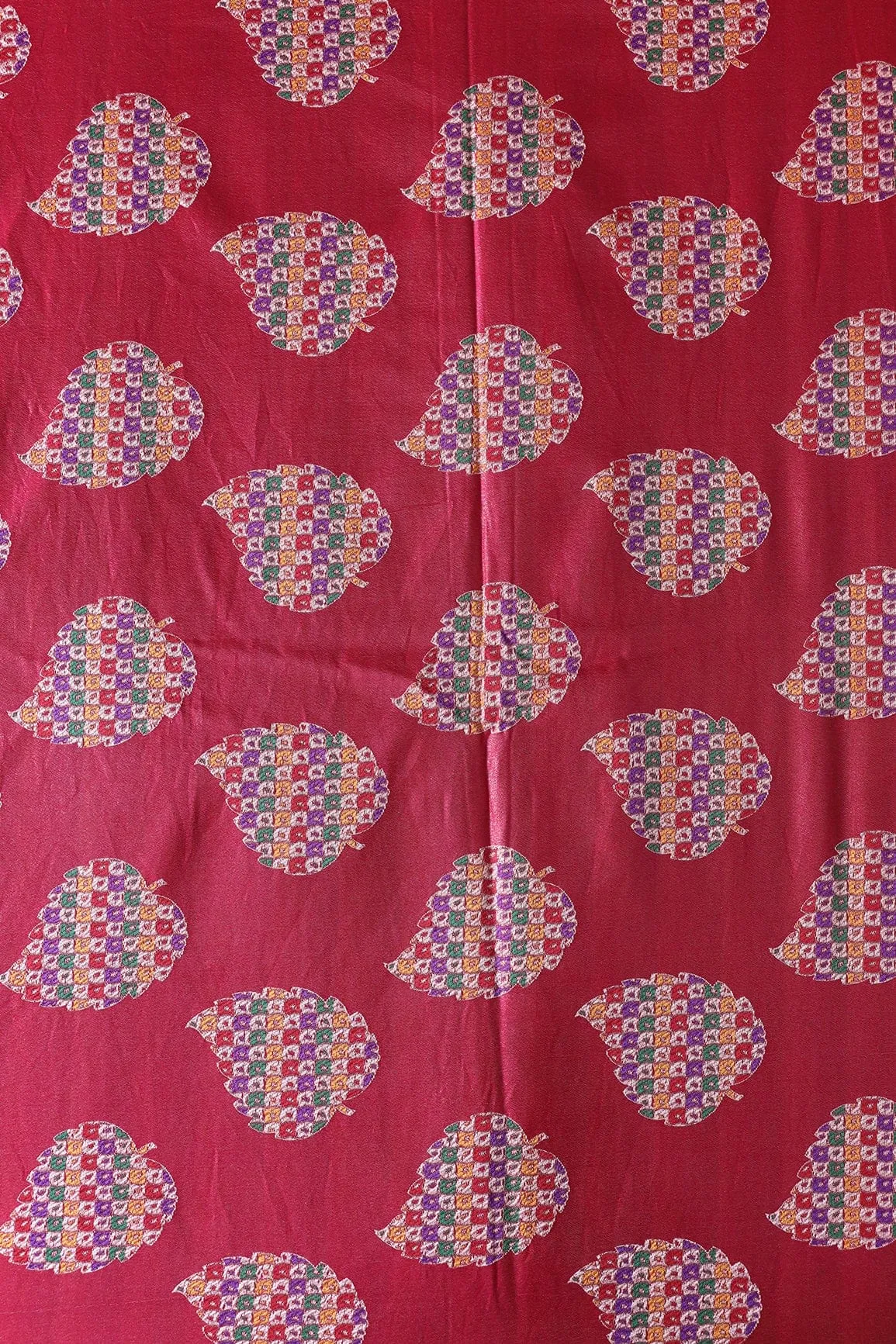 Fuchsia Leafy Silk Satin Jute Banarasi Jacquard Fabric