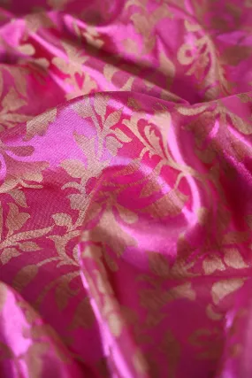 Fuchsia Leafy Silk Satin Jute Banarasi Jacquard Fabric