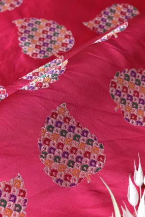 Fuchsia Leafy Silk Satin Jute Banarasi Jacquard Fabric
