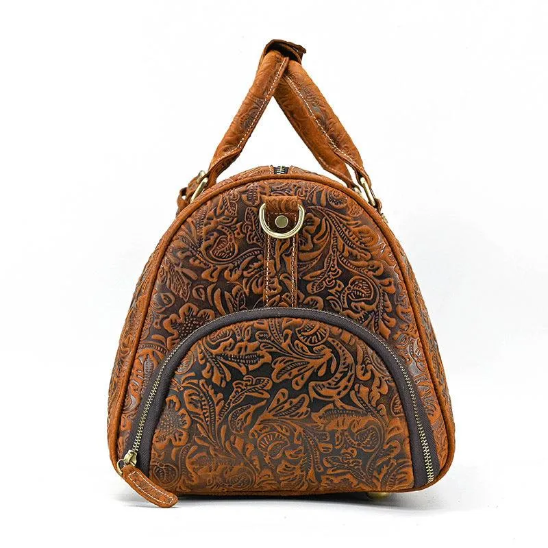 Handcrafted Embossed Cowhide Leather Duffle Bag, Large Vacation Travel Bag, Travel Holdall, Lightweight Cabin Luggage, Leather Gym Bag