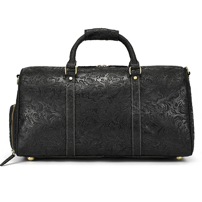 Handcrafted Embossed Cowhide Leather Duffle Bag, Large Vacation Travel Bag, Travel Holdall, Lightweight Cabin Luggage, Leather Gym Bag
