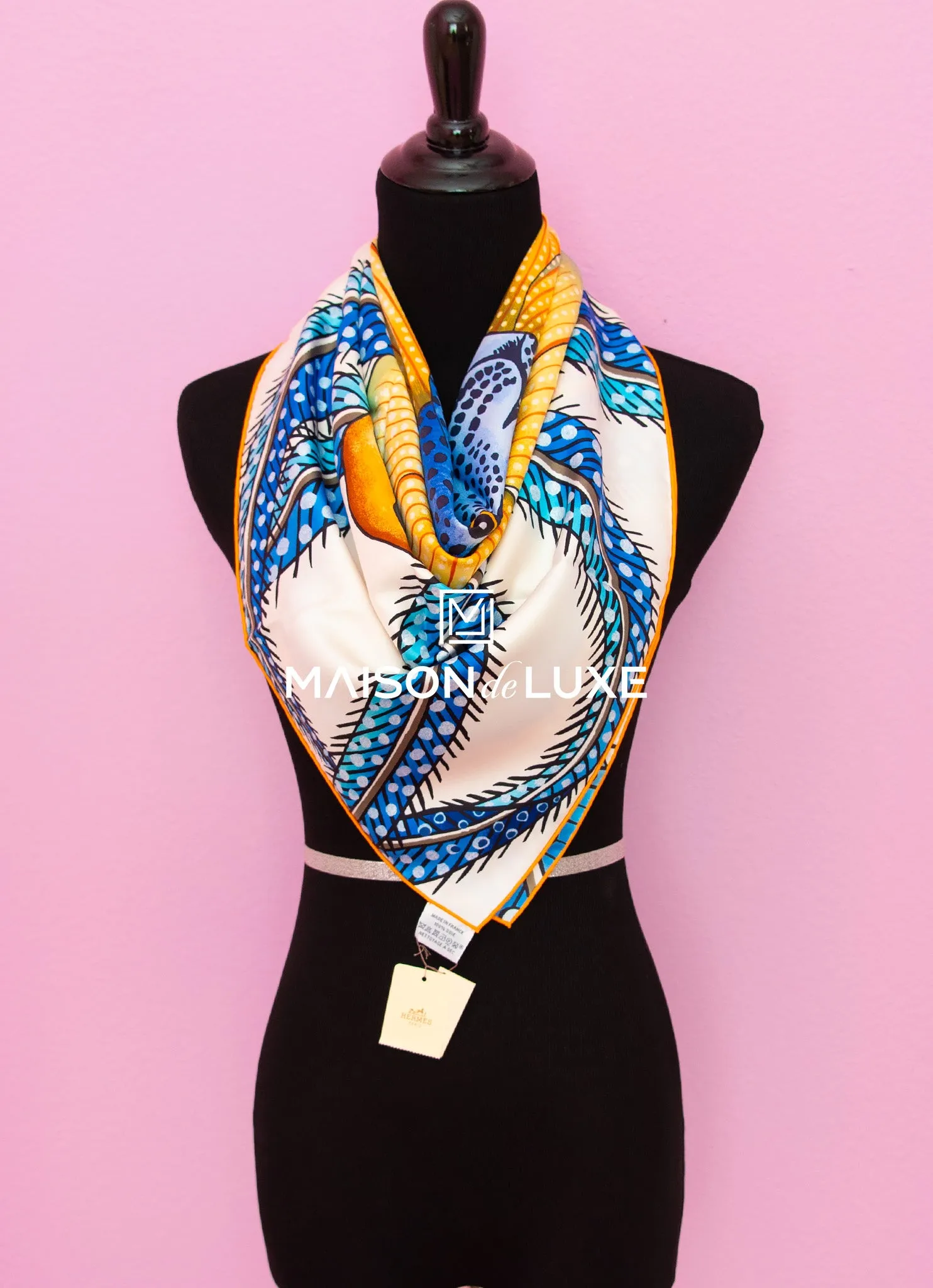 Hermes "Baobab Cat" White Twill Silk 90 cm Scarf
