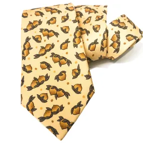 Hermes Silk Necktie 7534 IA Hazelnut on Soft Yellow Background