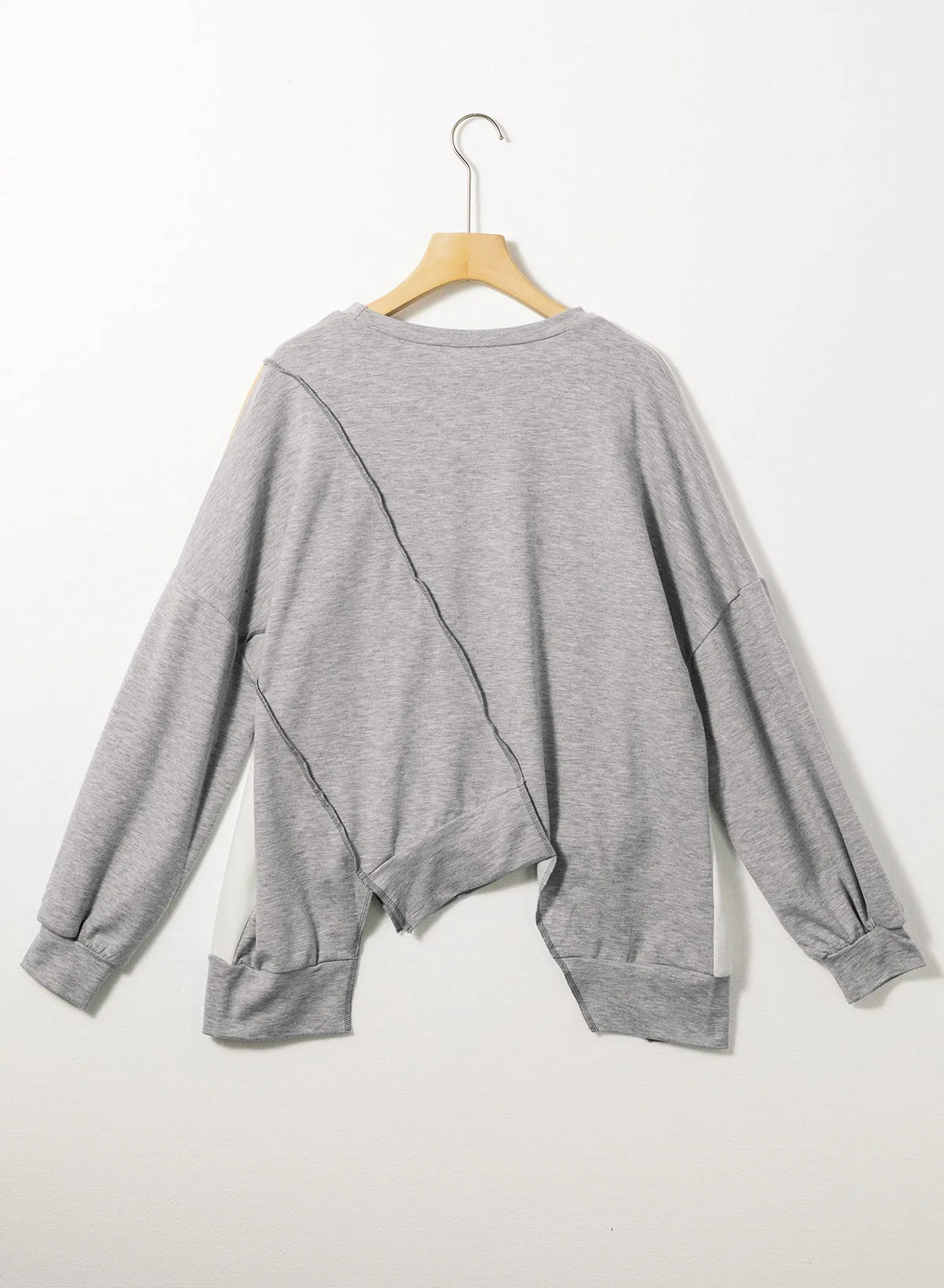 Light French Beige Colorblock Stitching Irregular Hem Long Sleeve Top