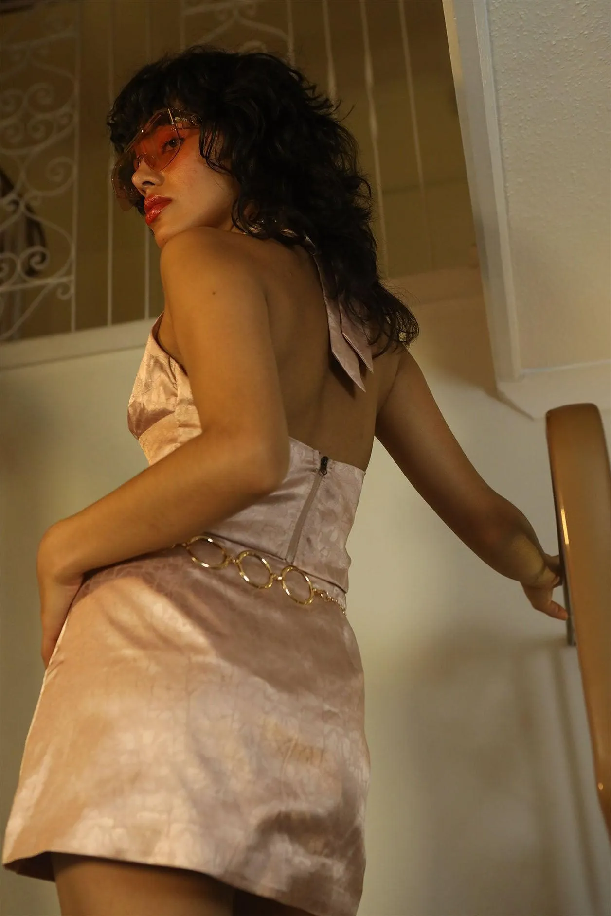 Marla Satin Jacquard Halter Neck Top in Blush