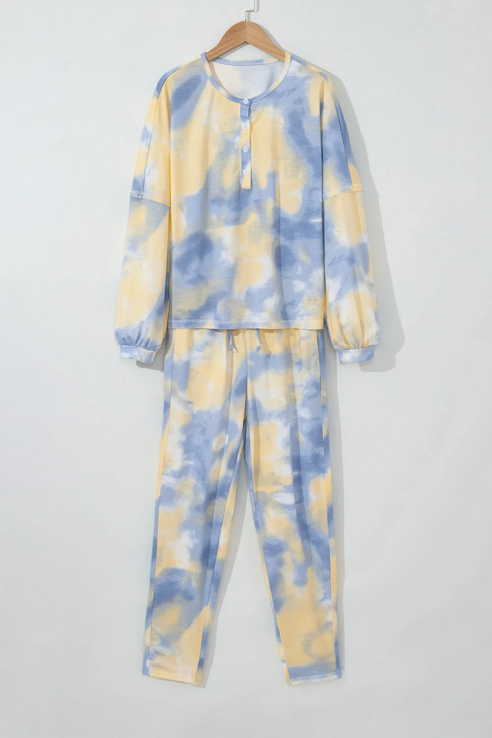Multicolor Tie Dye Henley Top and Drawstring Pants Outfit