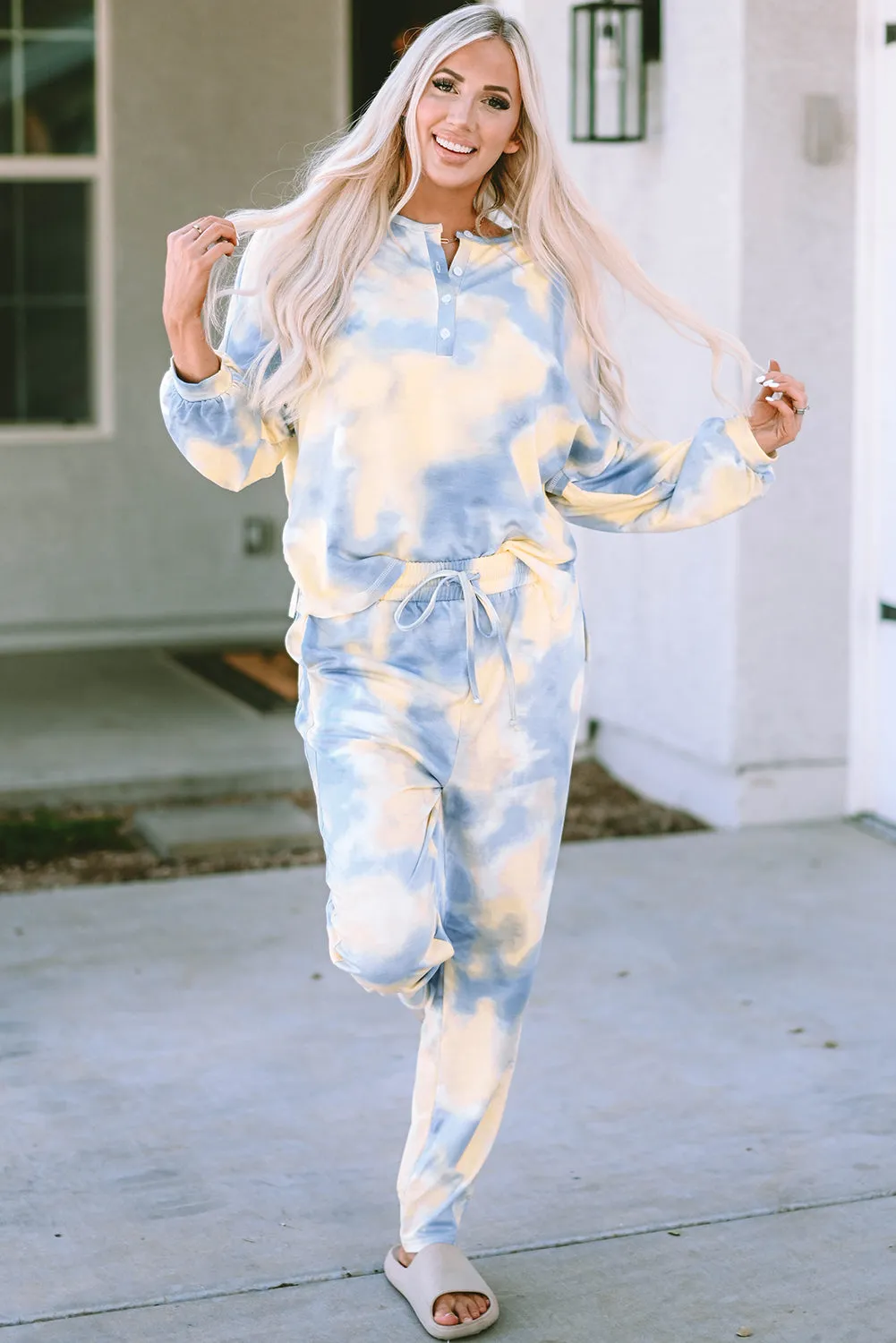 Multicolor Tie Dye Henley Top and Drawstring Pants Outfit