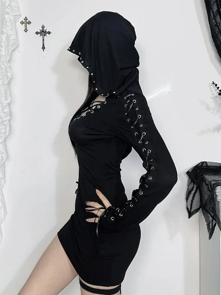 New Dark Retro Punk Street Hooded High Waist Sexy Mini Gothic Vintage Pentagram Strap Long Sleeve Dress