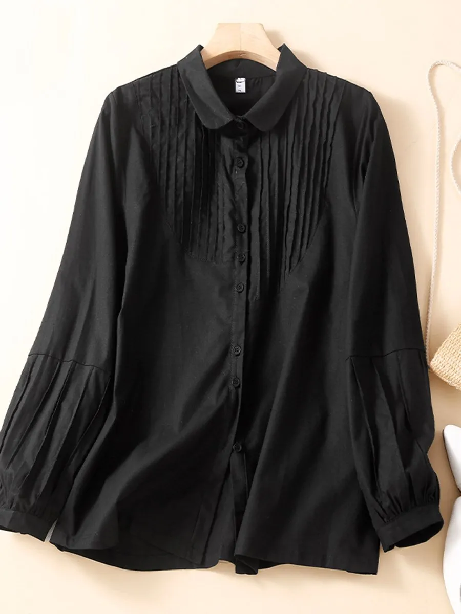 Polo Collar Long Sleeved Vintage Cotton And Linen Pleated Shirt