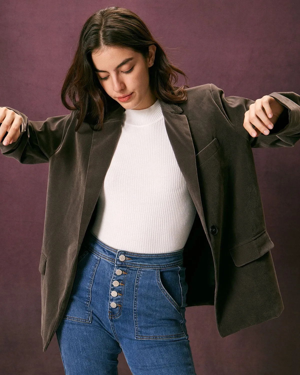 The Army Green Single Button Velvet Blazer