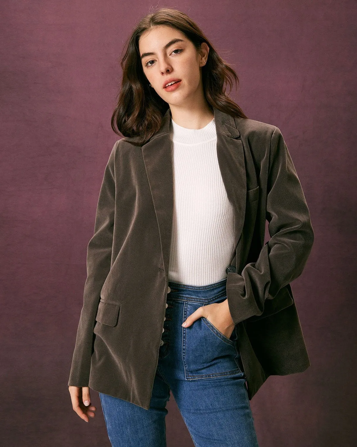 The Army Green Single Button Velvet Blazer