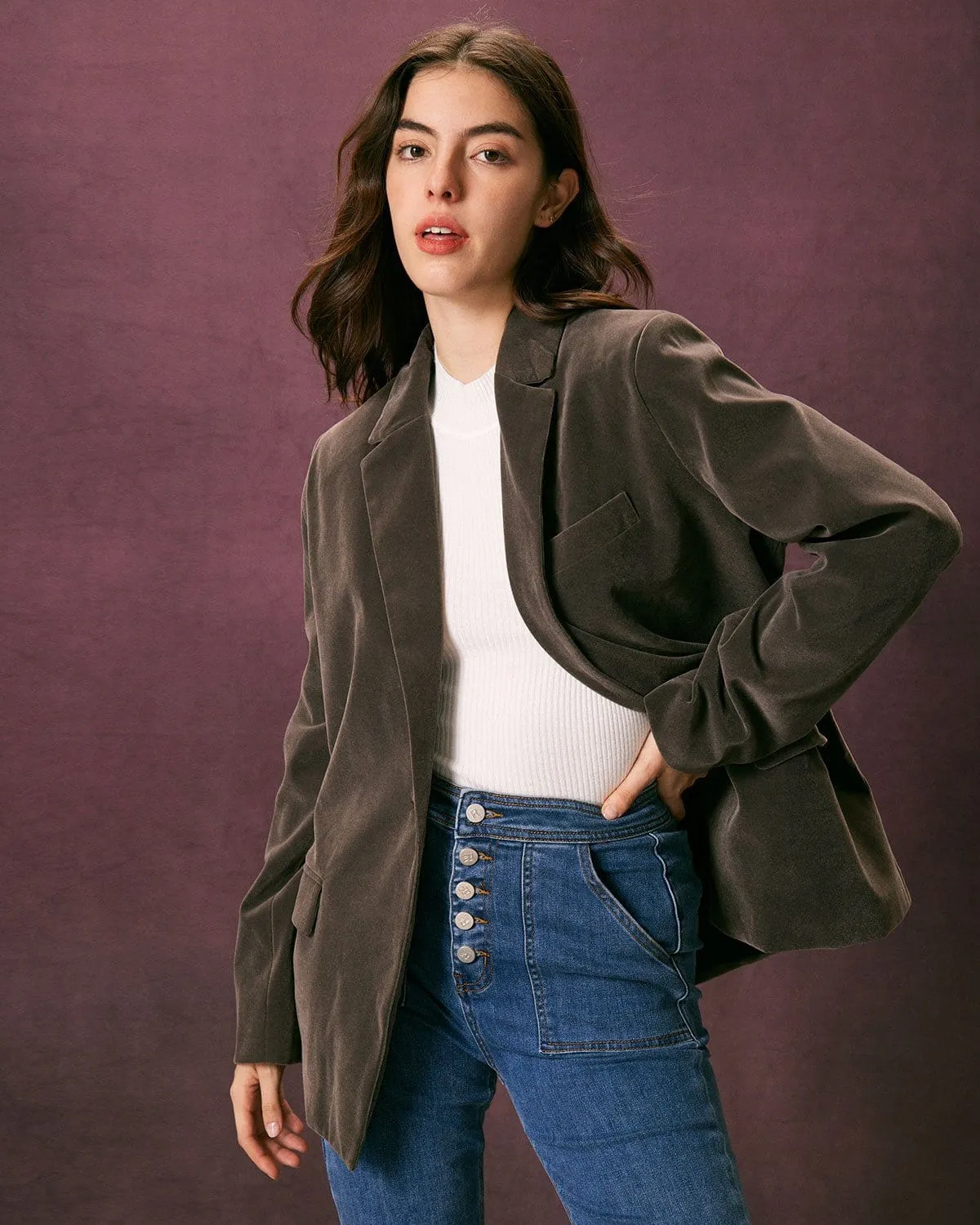 The Army Green Single Button Velvet Blazer