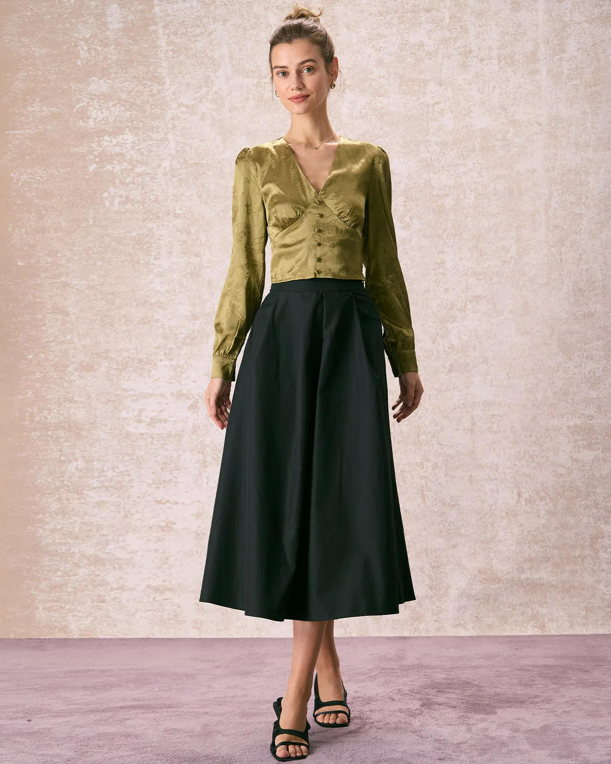 The Green V Neck Jacquard Satin Blouse