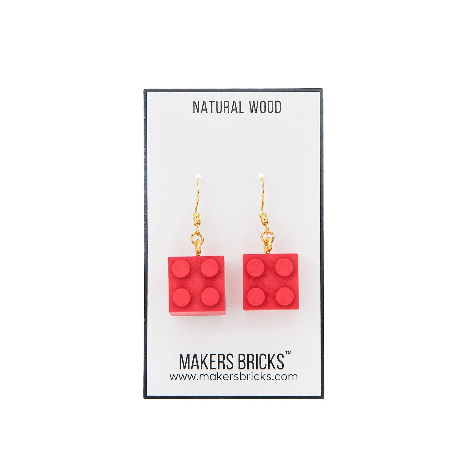 Wooden Brick 2x2  Earrings RED
