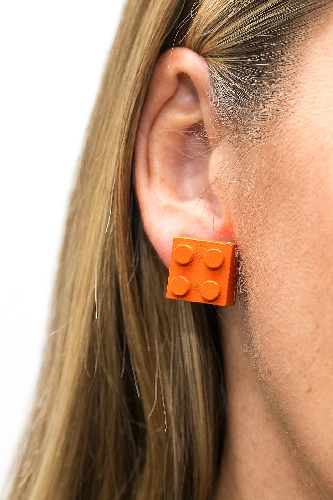 Wooden Brick 2x2 Stud Earrings Orange