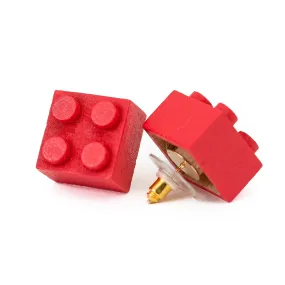 Wooden Brick 2x2 Stud Earrings RED