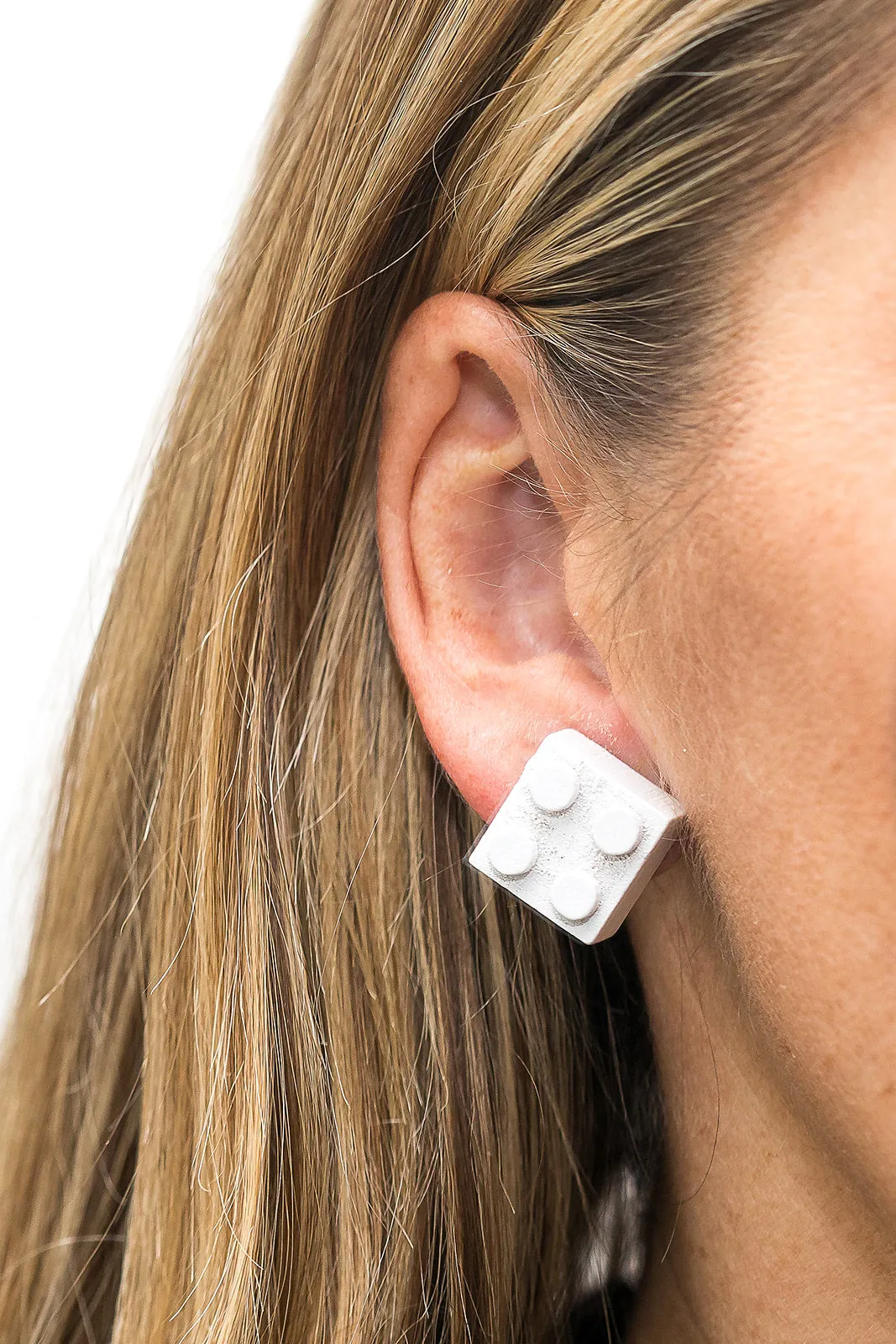 Wooden Brick 2x2 Stud Earrings WHITE